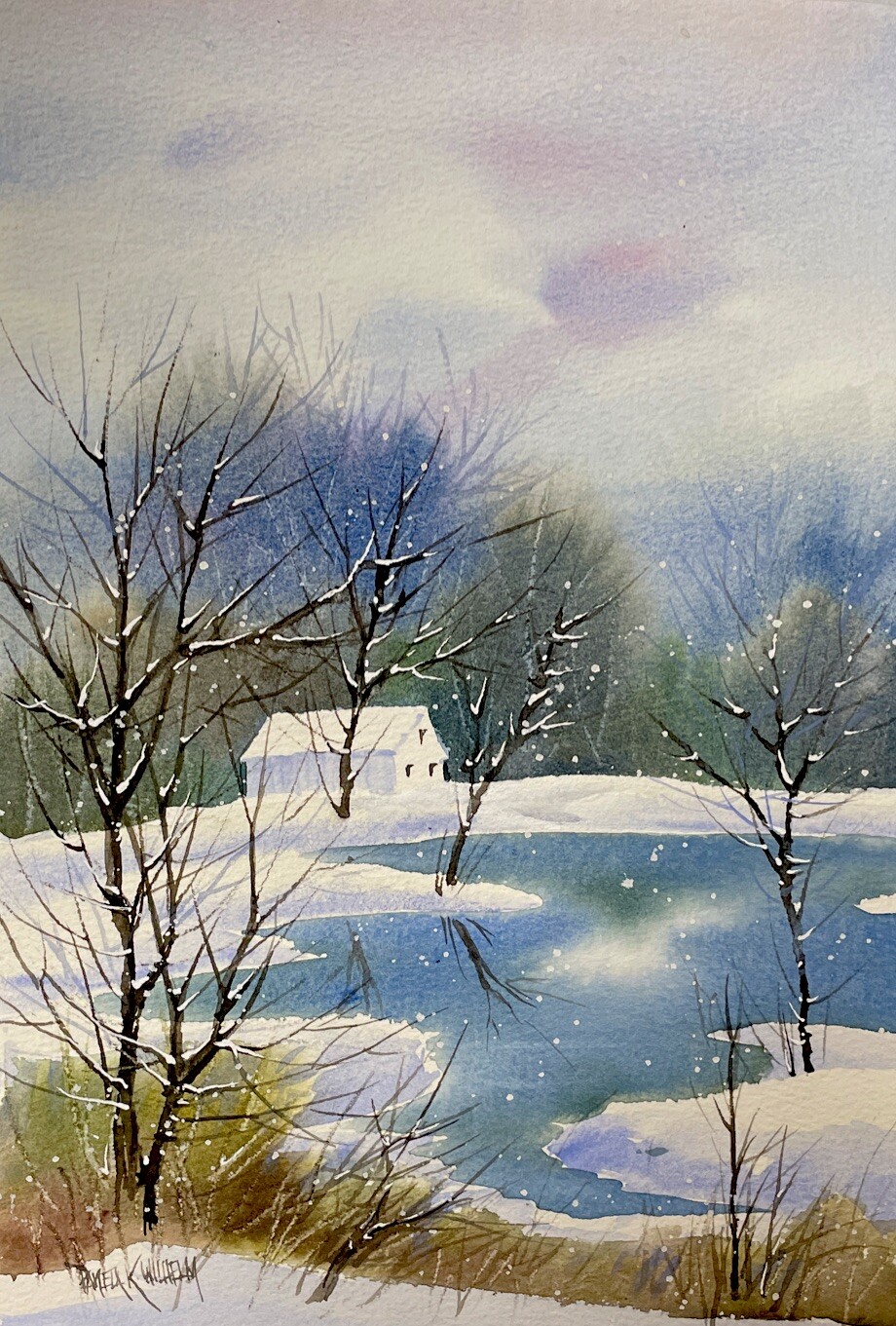 Pamela Wilhelm original 7”x20” Winter Snow Trees On Farm Pond & White Barn