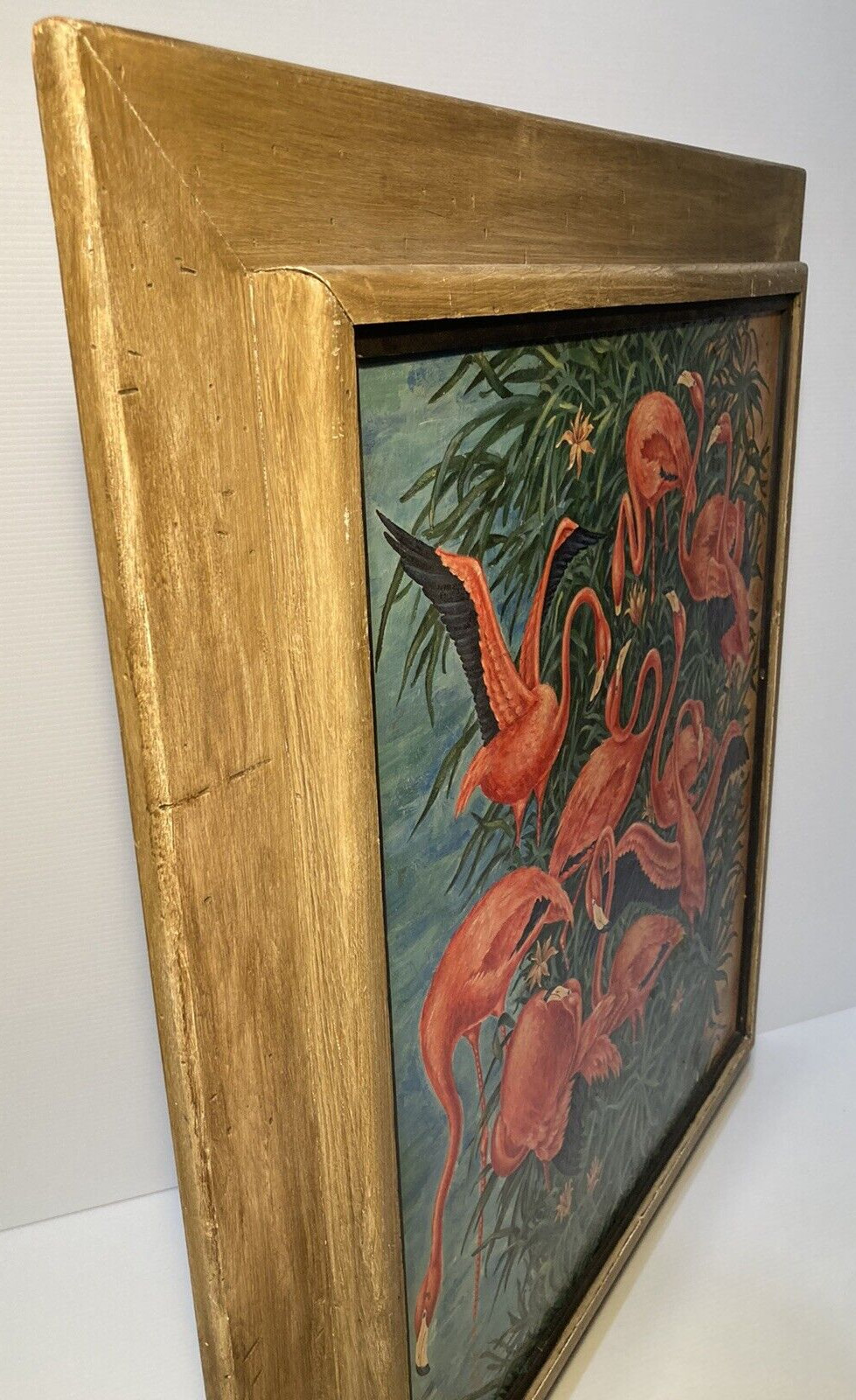 SIGNED MID CENTURY ABSTRACT MODERNISM FLORIDA FLAMINGOS ILLUSTRATION PAINTING