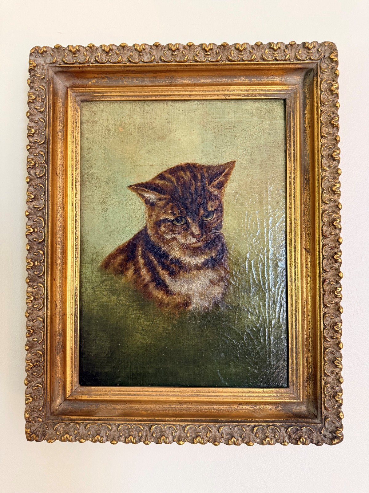 Antique Victorian Oil Painting of Tabby Cat c.1880-1900 Framed Pet Portrait