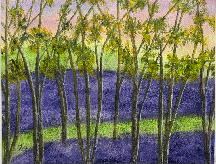 PAINTING WATERCOLOR TREES BLUEBELLS WOODS LANDSCAPE PURPLE ART 11X14 & MAT 16X20