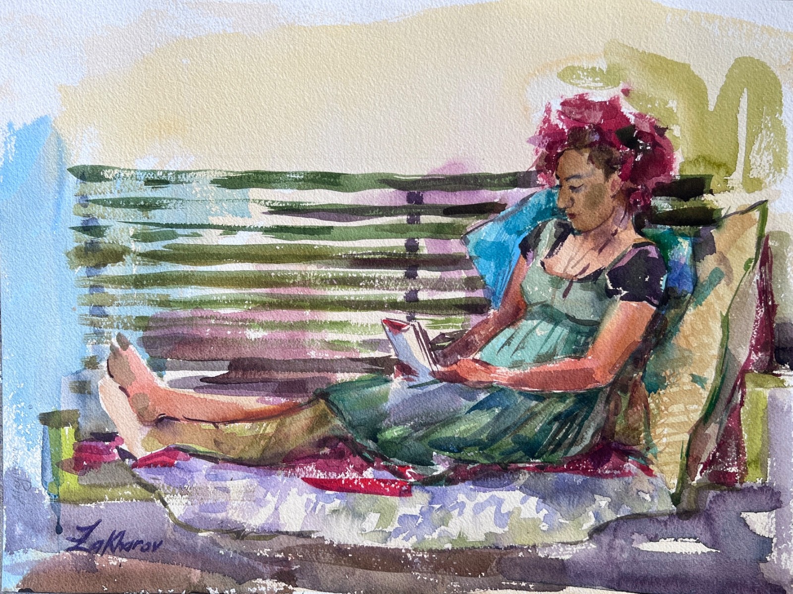 READING WOMAN Signed Original Watercolor African American Girl Pleinair Realism