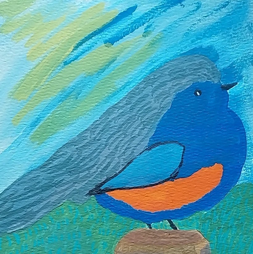 Original Painting 6×9 Bird Nature Landscape Under Tree Whimsical Animals Art GAT