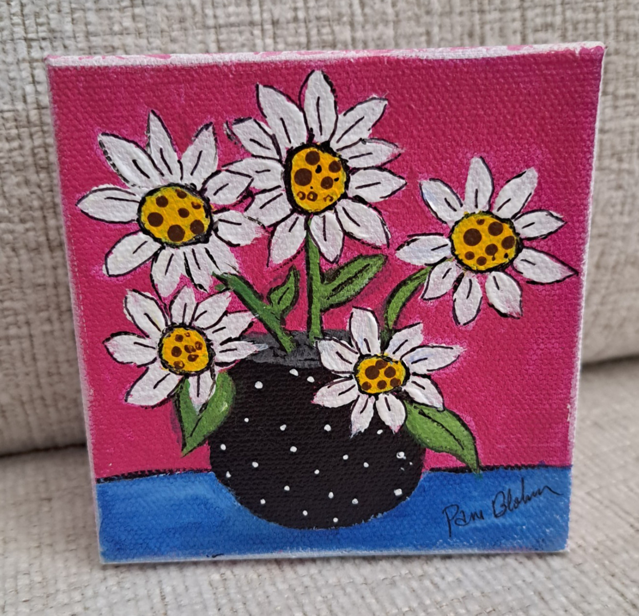 Vase Of White Daisies Original Acrylic Painting 4×4″ Canvas Shelf Wall Art