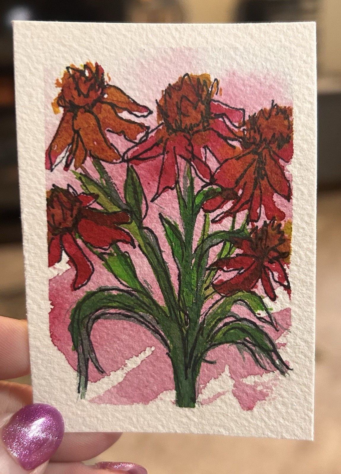 ACEO Purple Spring Painting Floral Loose Abstract Signed By Sasha Lehto