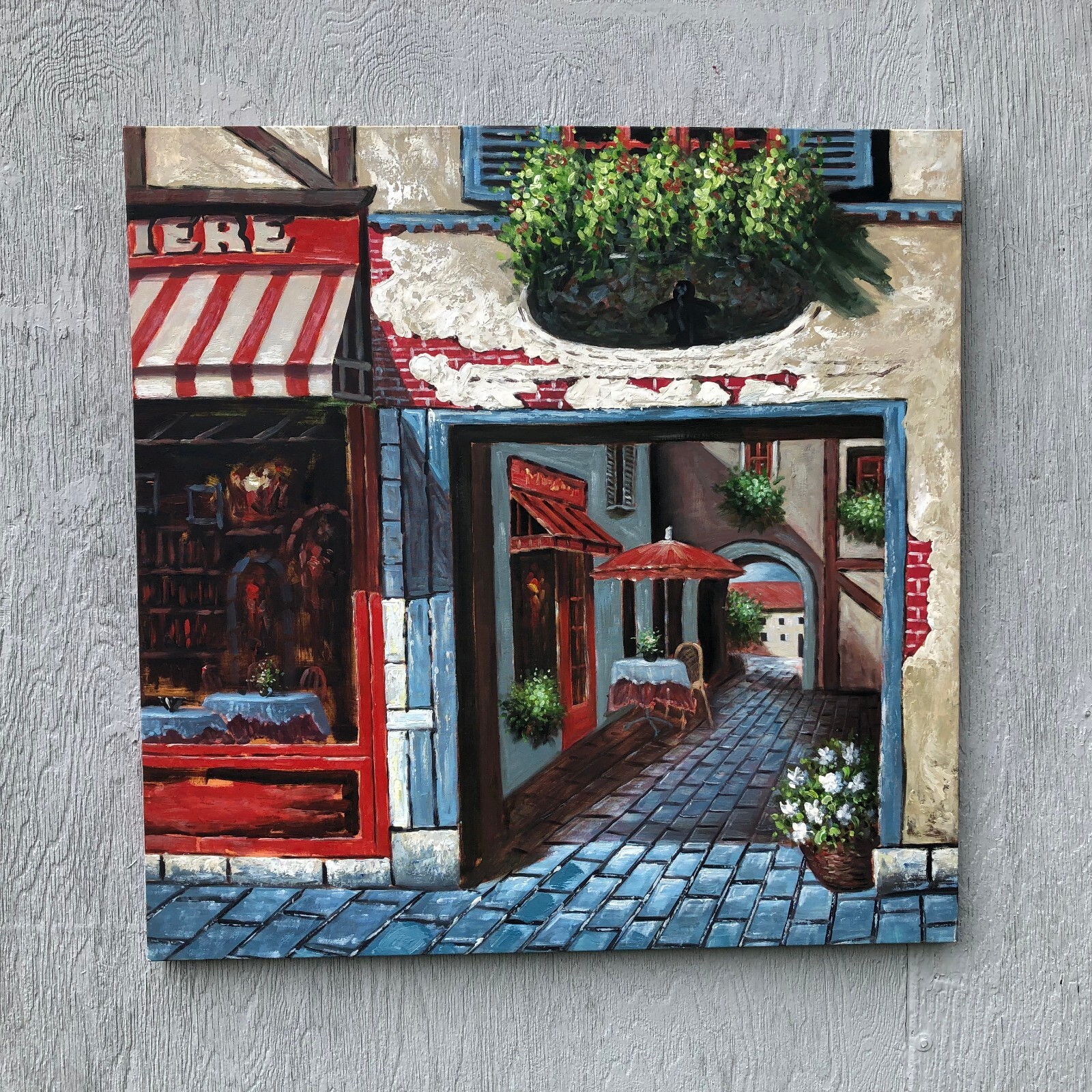 European Sidedwalk Cafe & Bookstore, Original Oil Painting 40X40 Mint Condition.