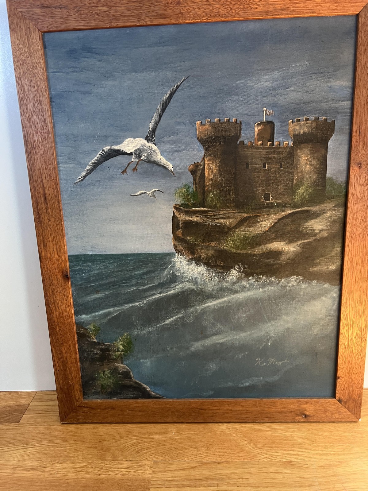 Seagulls Castle Cliff Seascape Framed Original Oil Painting Ken Mazzocchi 27×21