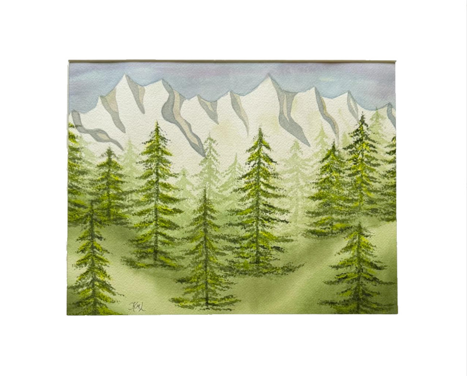 PAINTING WATERCOLOR MISTY TREES MOUNTAINS LANDSCAPE 11X14 AND DOUBLE MAT 16X20