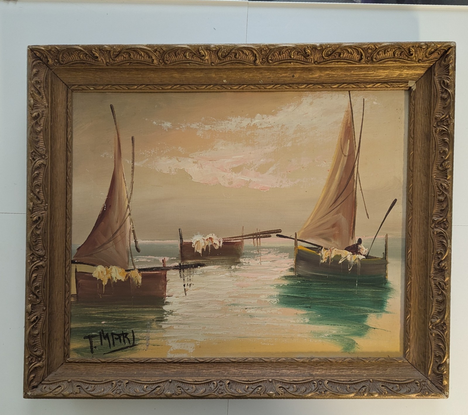Vintage Original Oil Painting European Sail Boats Signed By Artist T Mari 16×20