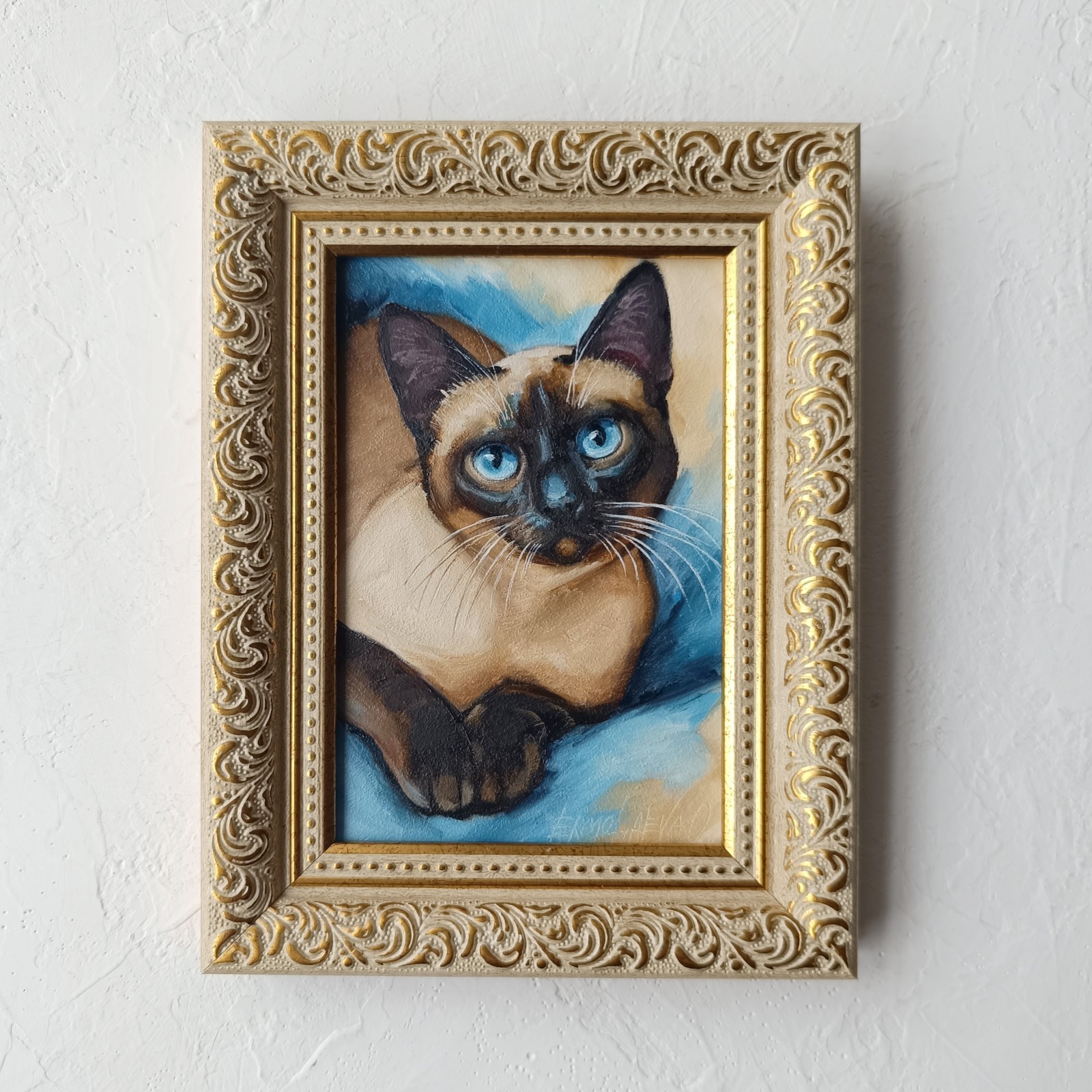 Siamese Cat Portrait Original Oil Painting Blue Eyes Framed Art 4×6 in