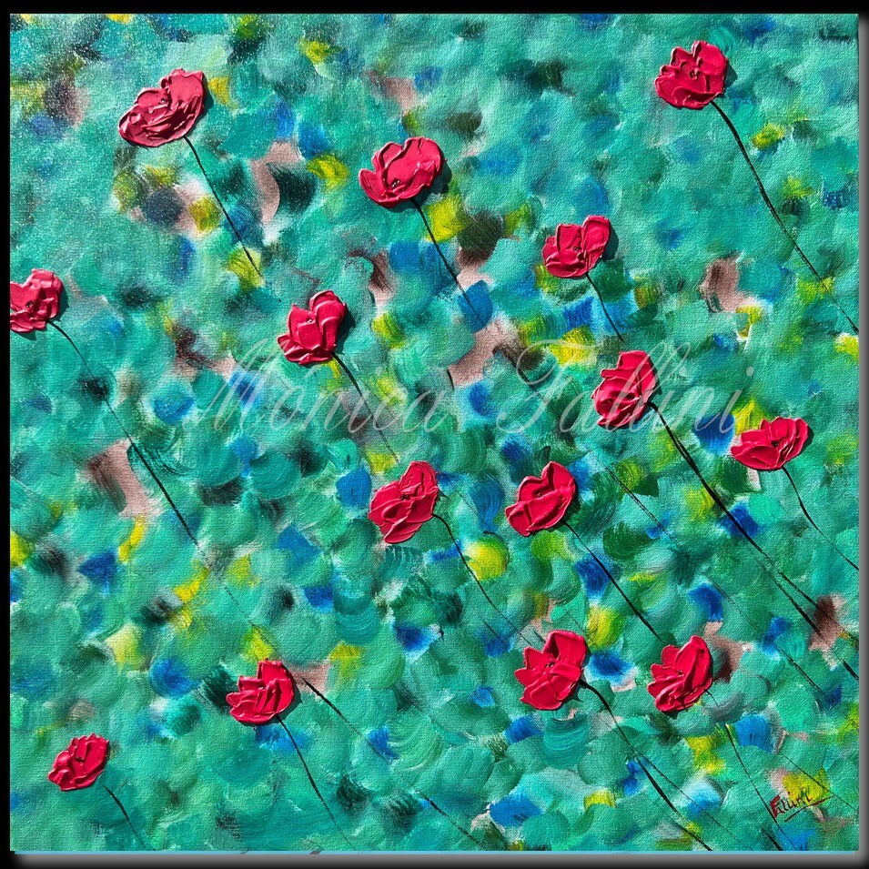 Red Poppies flowers painting 22 x 22 inch contemporary art by Fallini