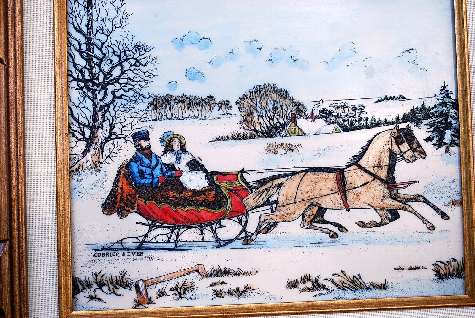 Hand Colored RARE Currier & Ives ARTINI ENGRAVING ‘THE ROAD WINTER’ Framed 17.5″