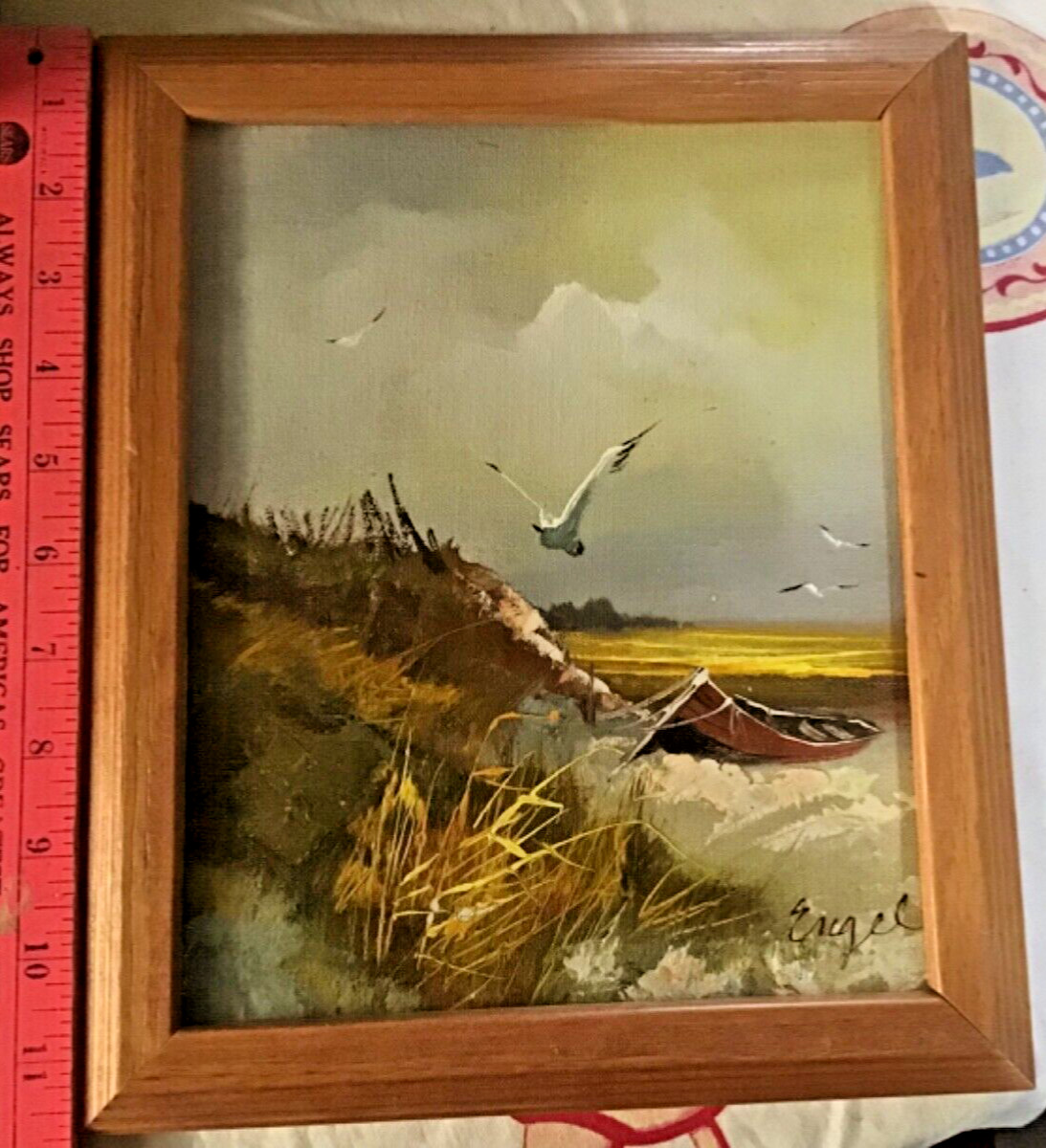 Rare Old Original Art Engle TEXAS Oil PAINTING Beach Front Gull~OOAK~Galvaston