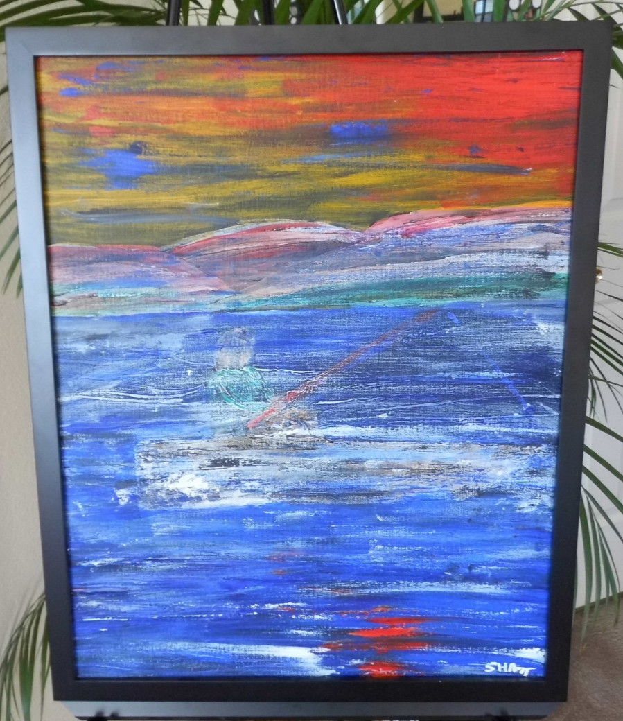 (CL 7) PAINTING ORIGINAL ACRYLIC ON CANVAS PANEL 16”X20” «Hidden Fisherman»