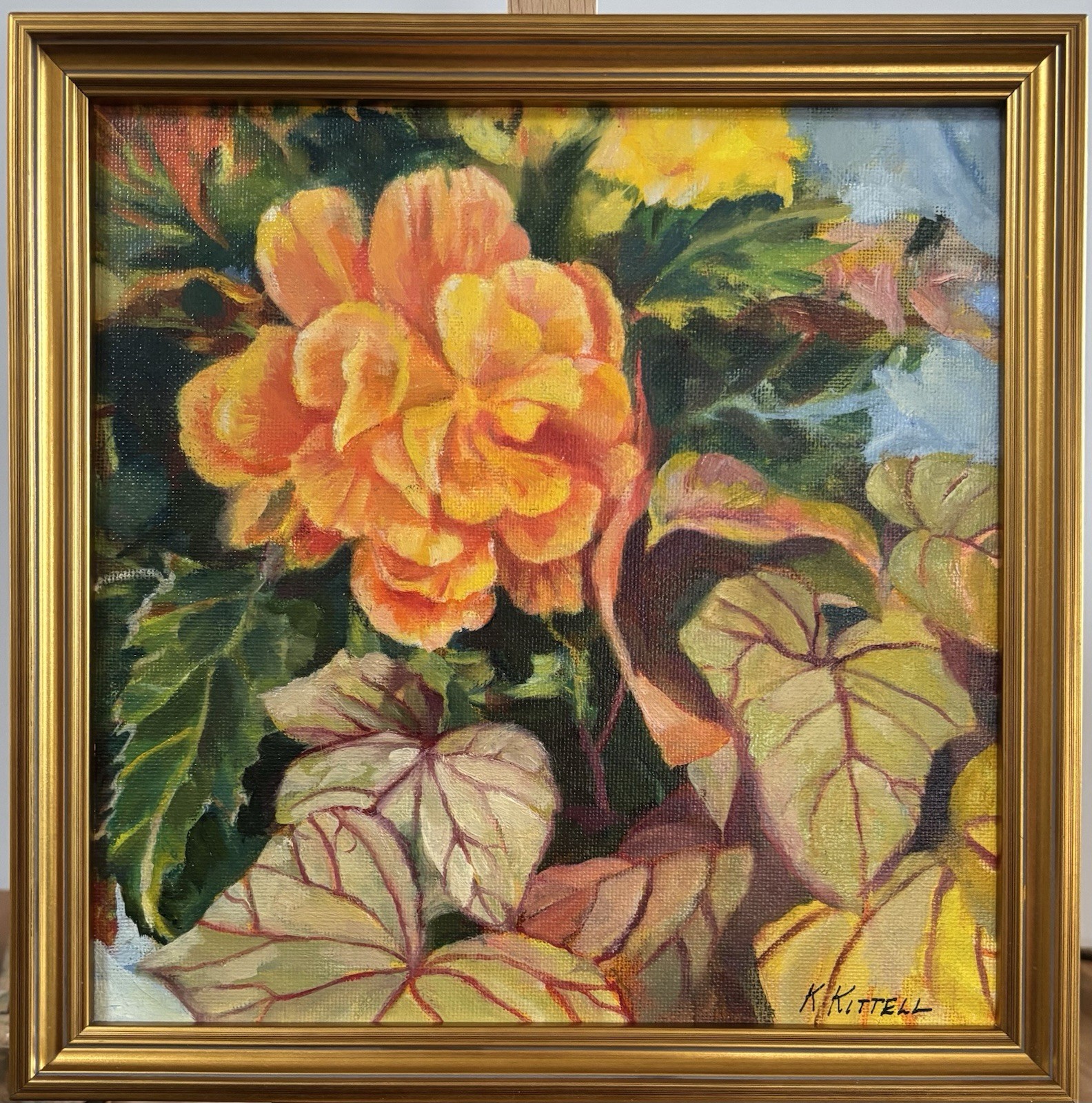 Art Original oil painting on Canvas Panel. Coral Begonia. Framed