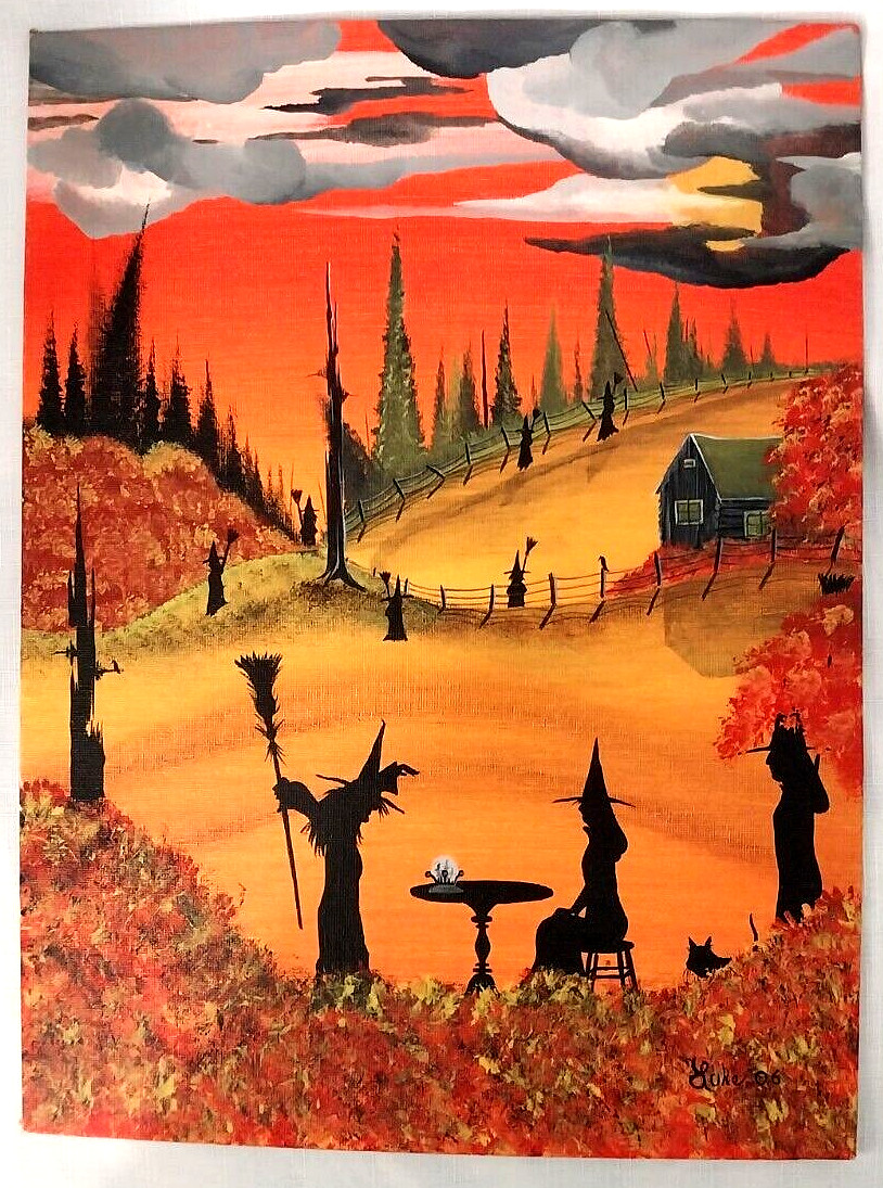 12×16 HALLOWEEN WITCHES COVEN 2,Black Cat,Crystal Ball,Original Acrylic Painting