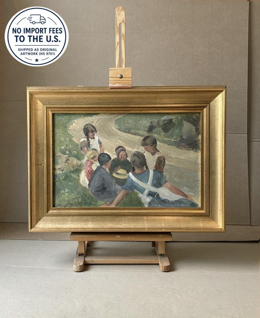 Eiler Sørensen (1869) Children of the Countryside. Dated 1925. Danish oil. COA