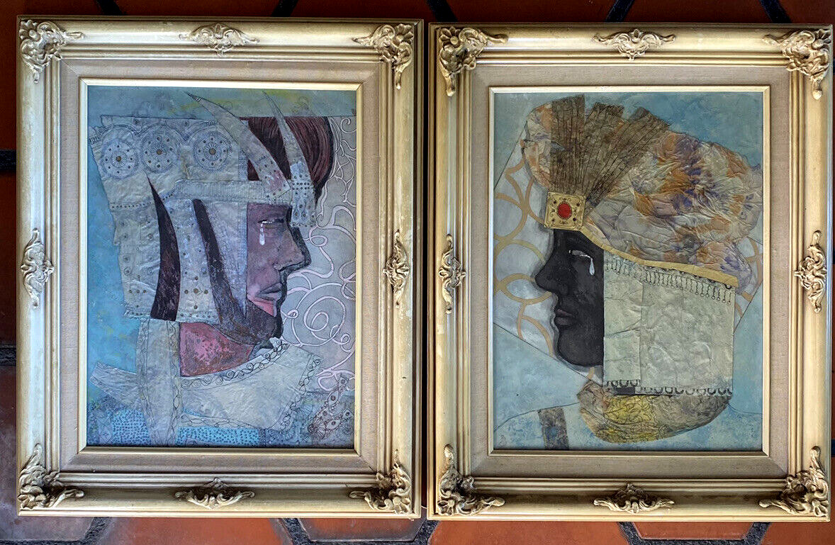 Orig Pair of Mixed Media Abstract Ancient Soldier Silhouettes 17.5in x 21.5in