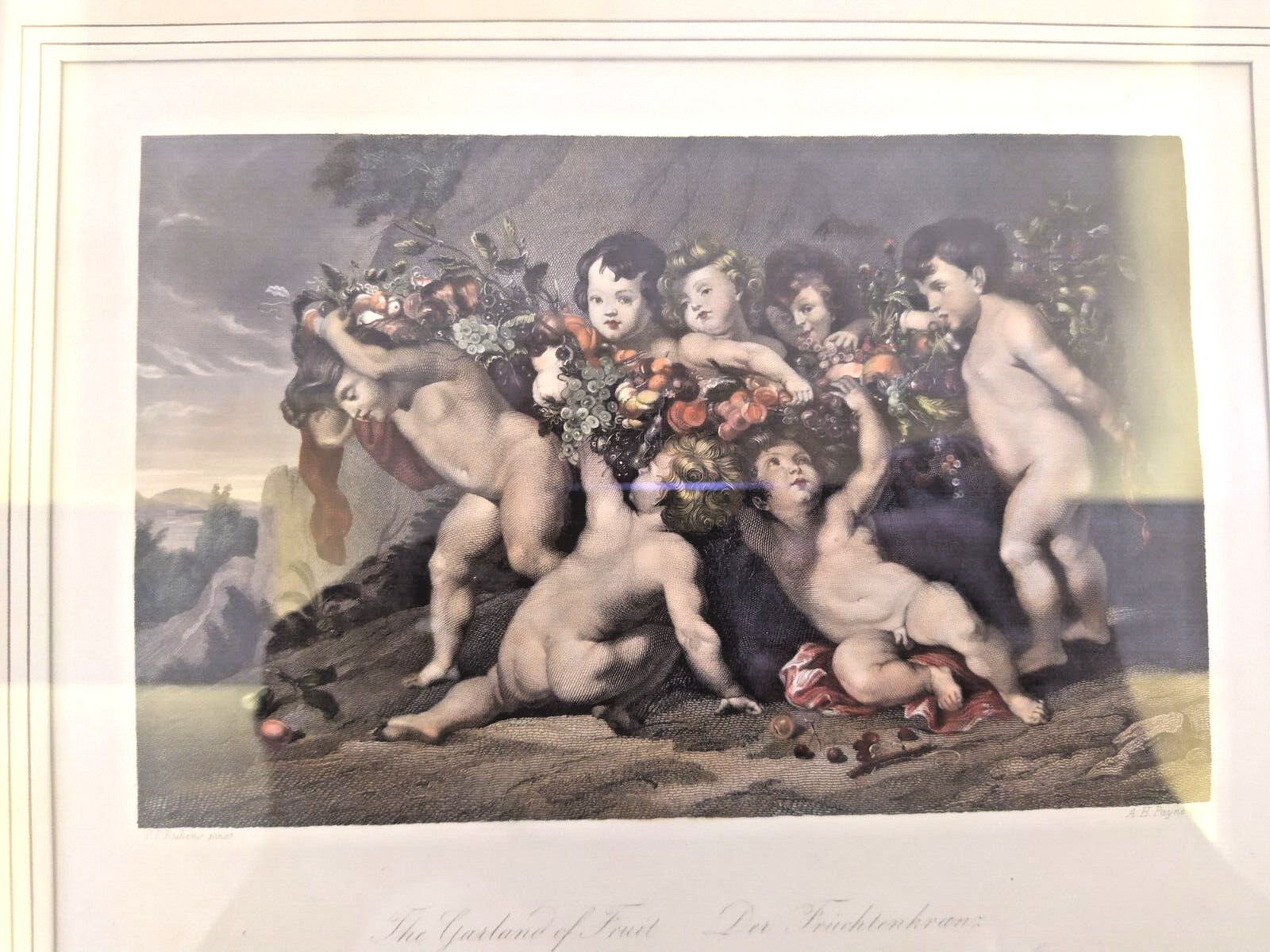 Vintage Rubins Print Garland Of Fruit Hand Painted And Signed By A.H.Payne sc