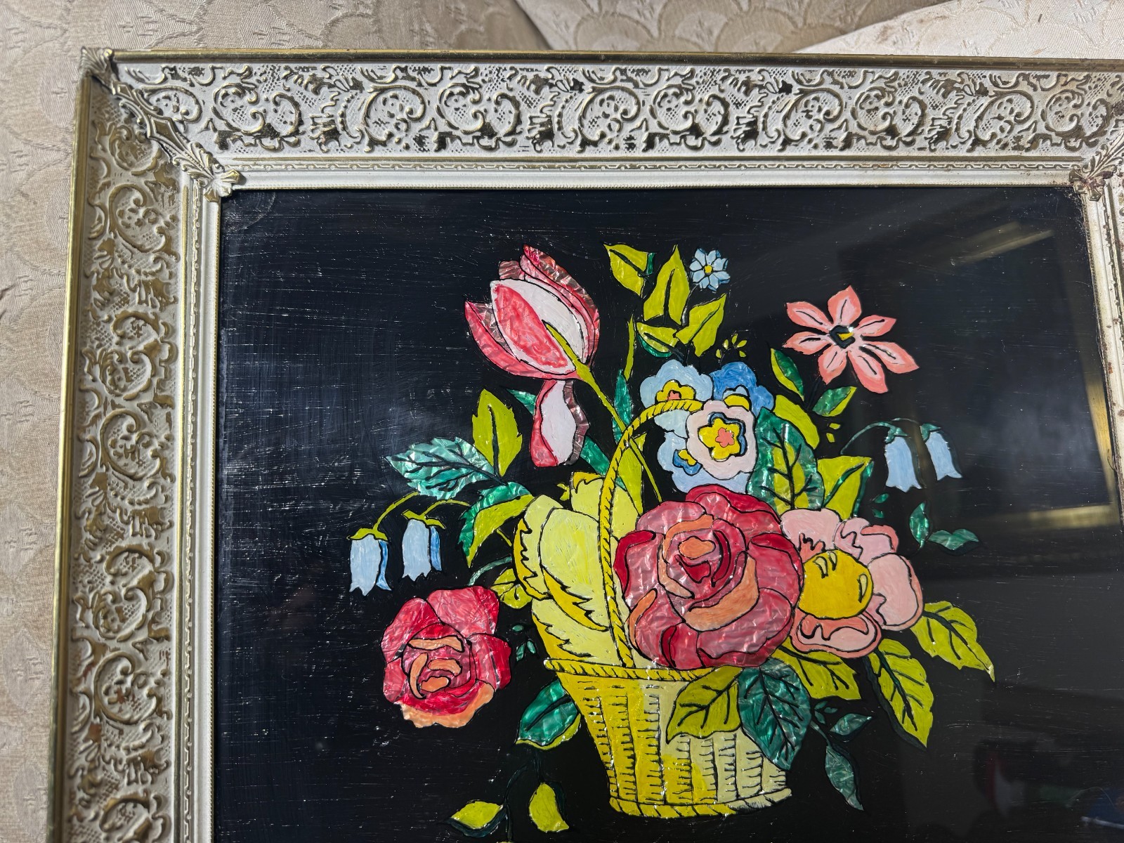 Large Antique Folk Art Tinsel Foil Reverse Artwork «Basket of Flowers» – Framed