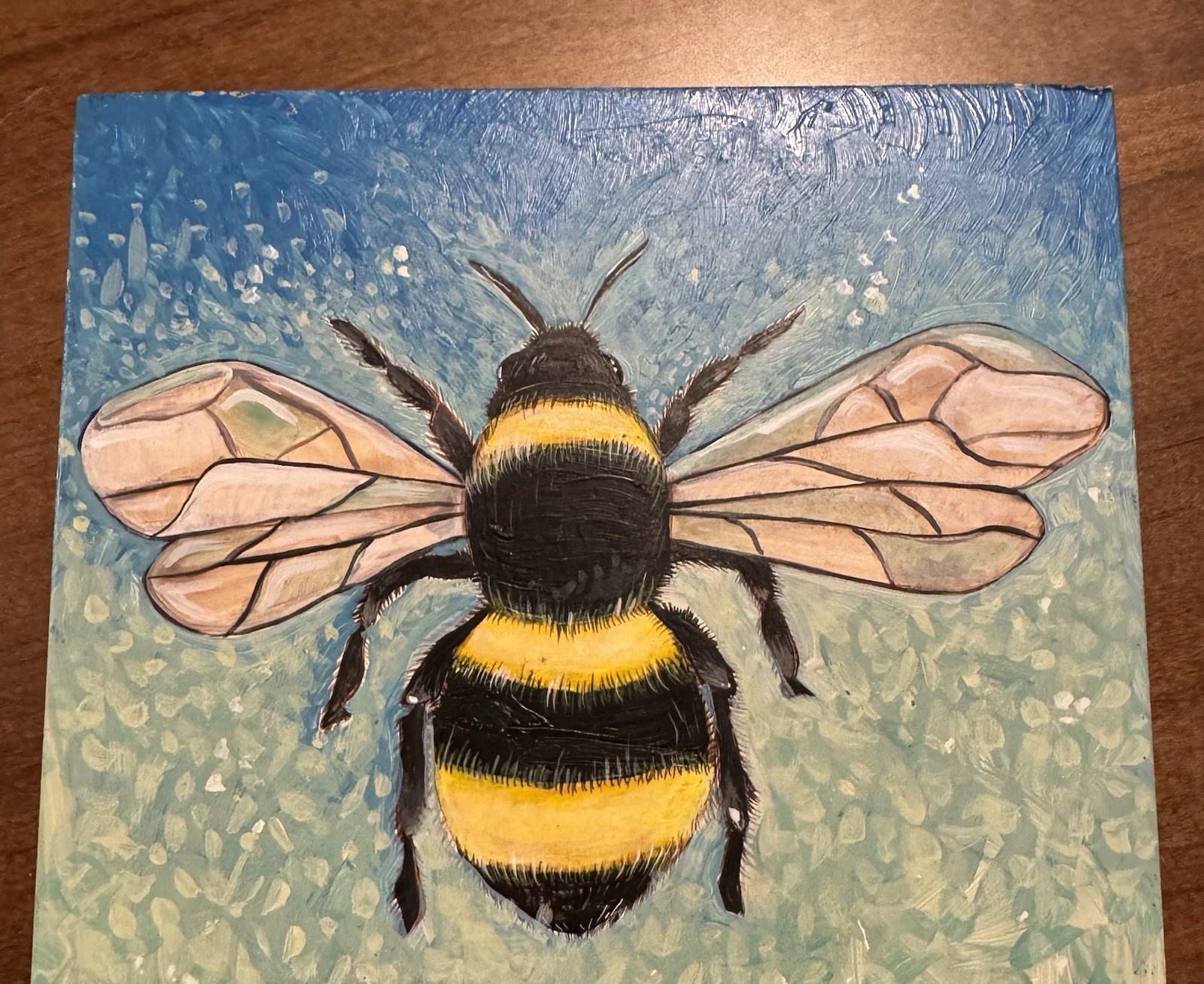 Bumblebee Honey Bee Honecomb original acrylic painting 12” x 6” x 1/2” outsider
