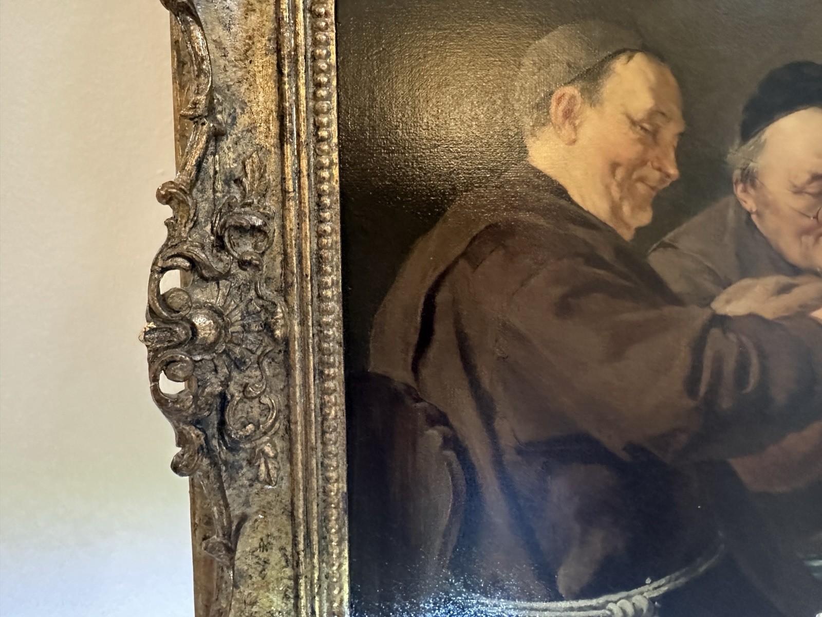 Monks at Table with Stein – Signed “E. Grutzner” – Oil on Wood Panel Painting