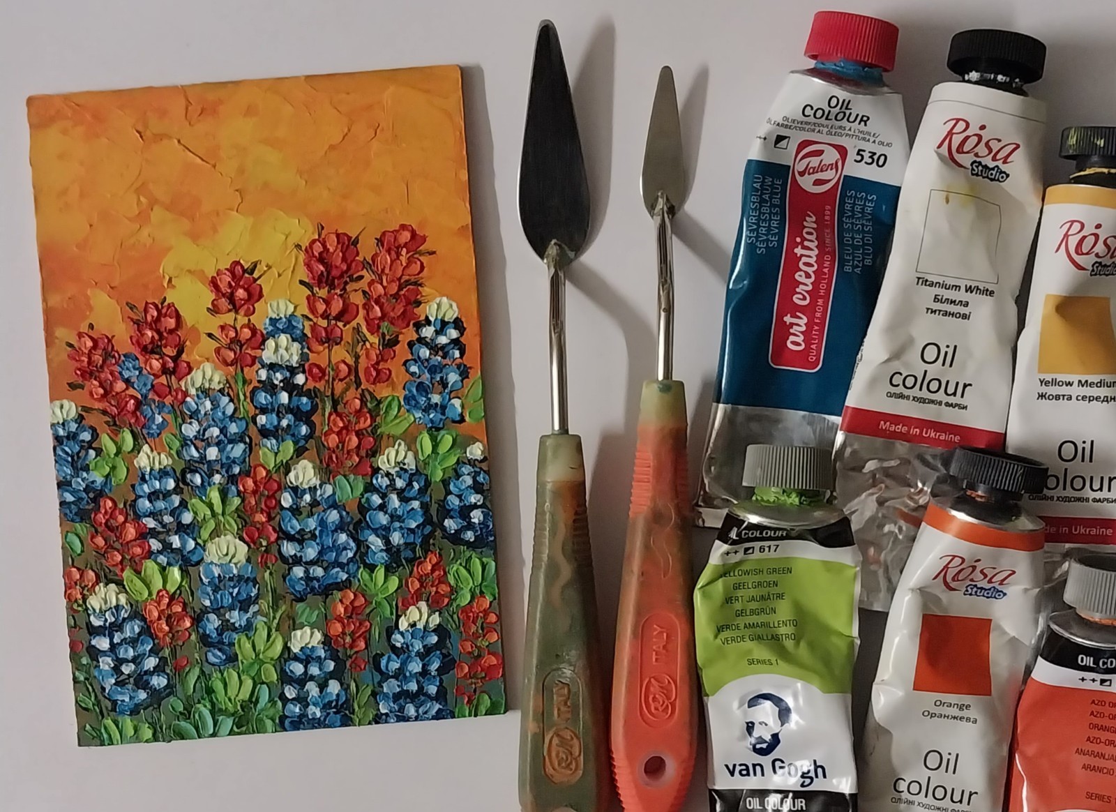 Framed Texas Bluebonnets Indian Brushes Art 4×6″ Impasto Oil Painting Original