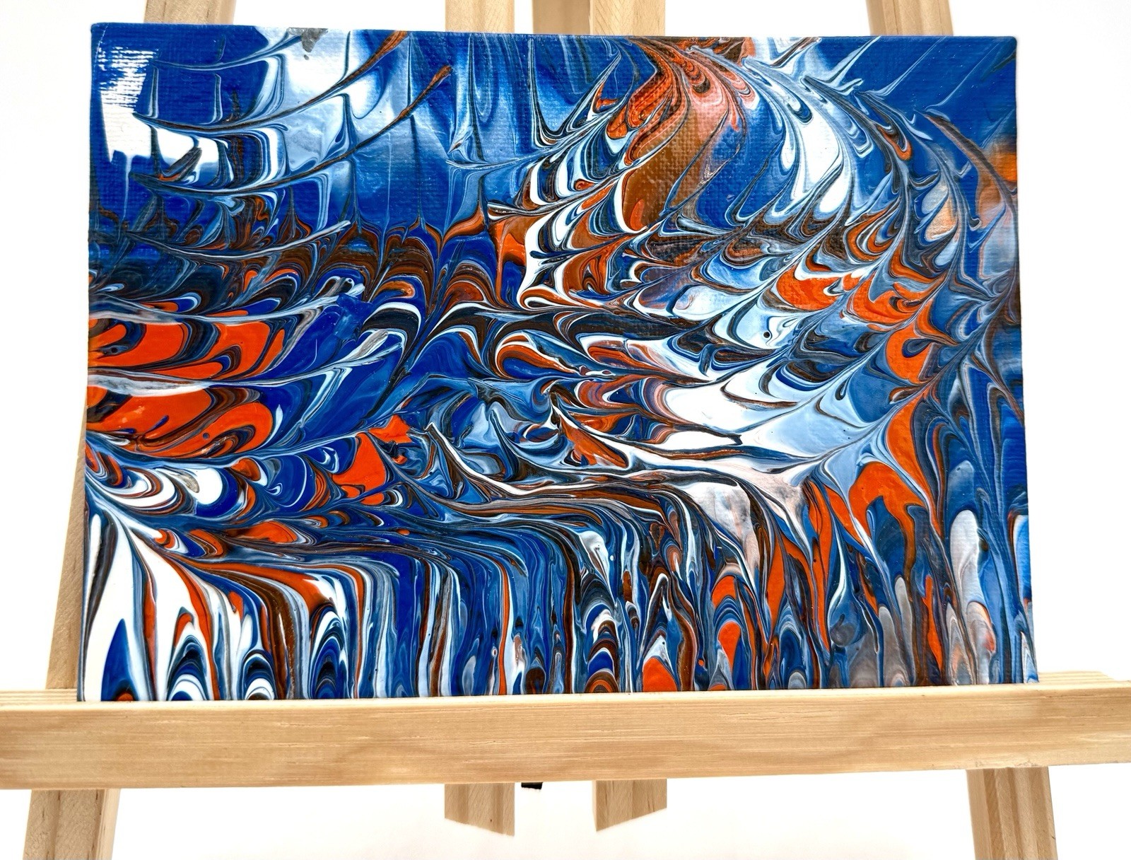Original Fluid Art Acrylic Painting 5×7 Abstract Wave Expressionism Blue Orange