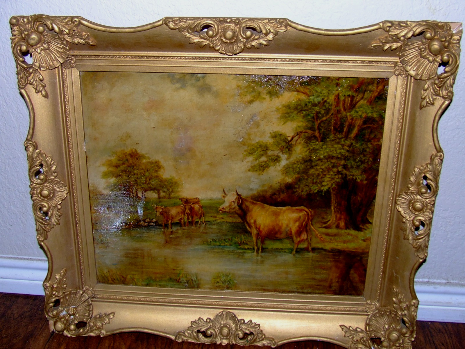 Antique 19th C. Landscape Gathering Watering Cows Oil on Board Gilt Ornate Frame