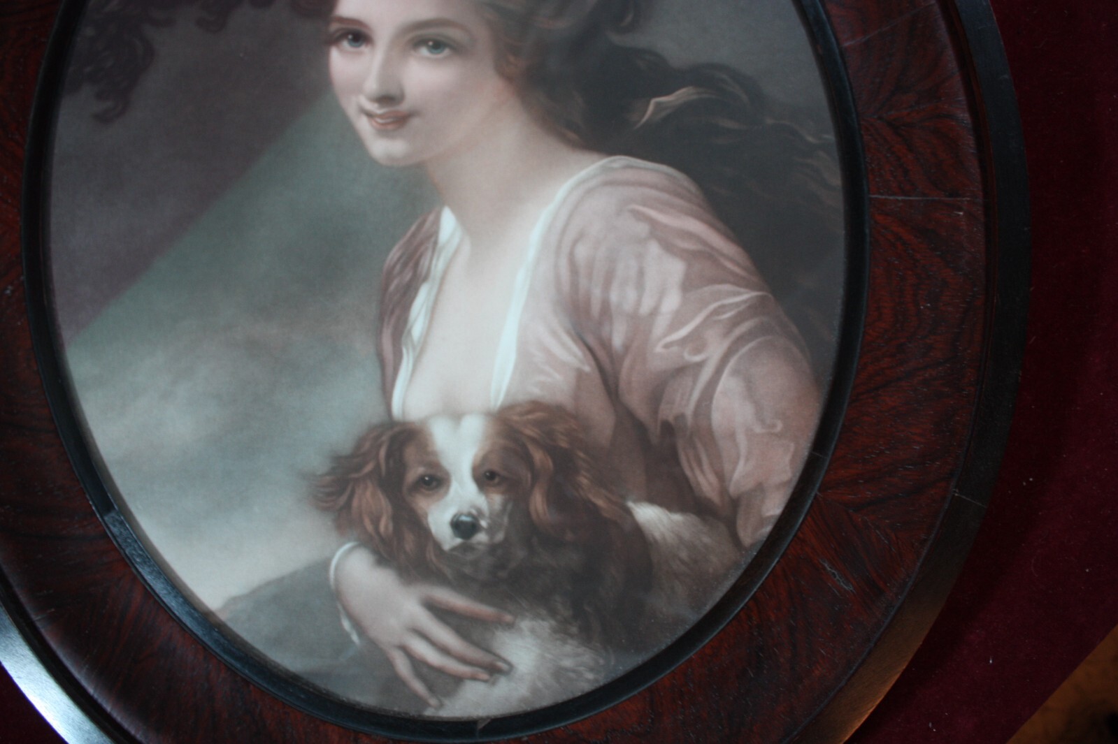 * ANTIQUE VICTORIAN PORTRAIT WITH SPANIEL DOG ORIGINAL BURLED WOOD FRAME NICE *