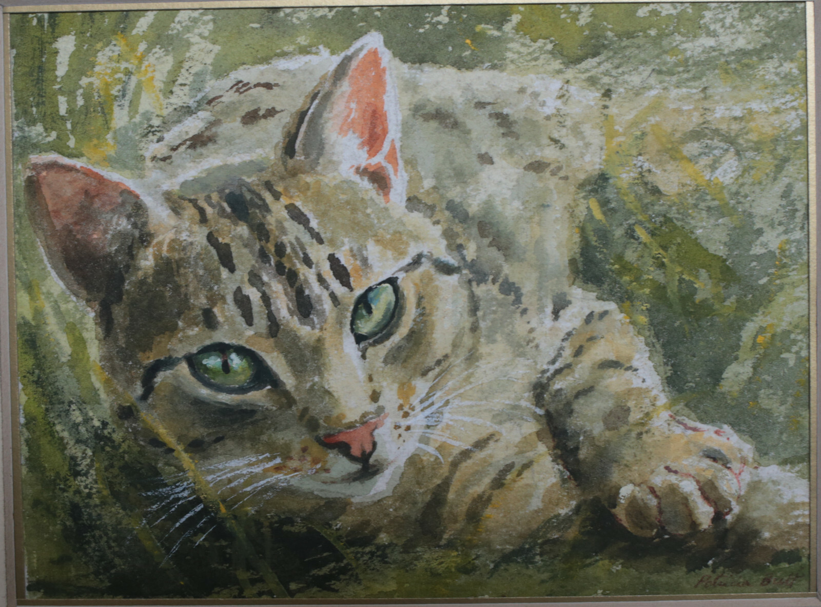 Patricia Butt Watercolor painting on paper, ‘Tabby in the Grass’, 1985, signed