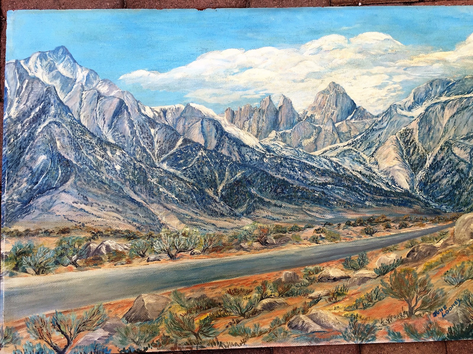 CALIFORNIAN ORIGINAL H/PAINTED ON BOARD LANDSCAPE MOUNTS PAINTING BY JONE LOONEY