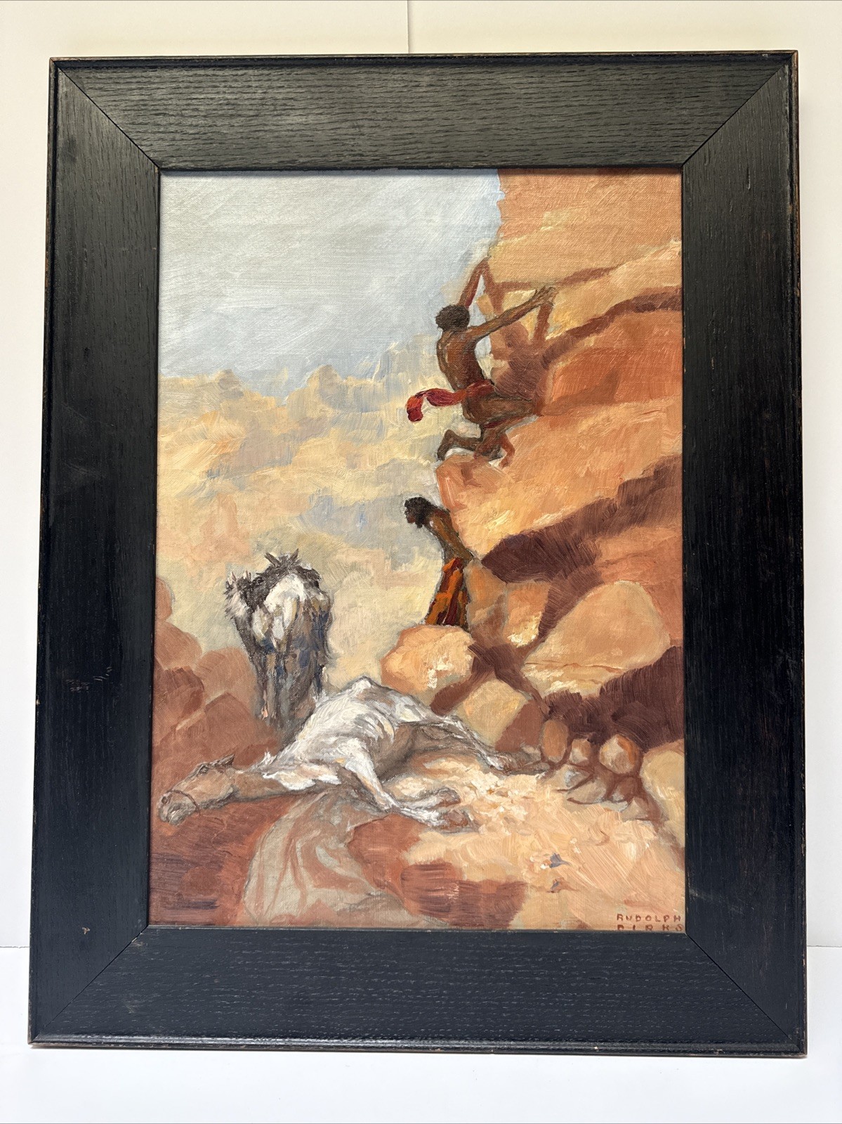 Antique Rudolph Dirks Painting Impressionist Cliff Side Indians Landscape Famous