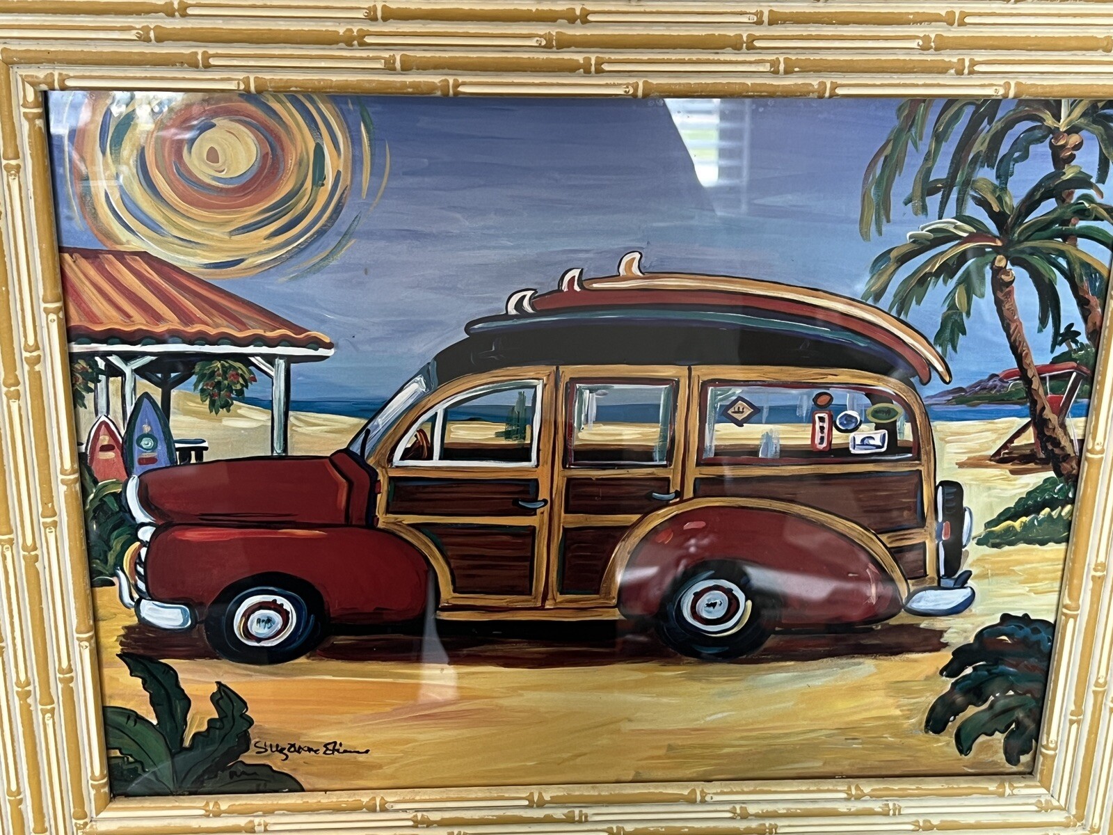 Art decor Red Woody Wagon On Beach -12×16 Canvas Framed In Bamboo Style Design