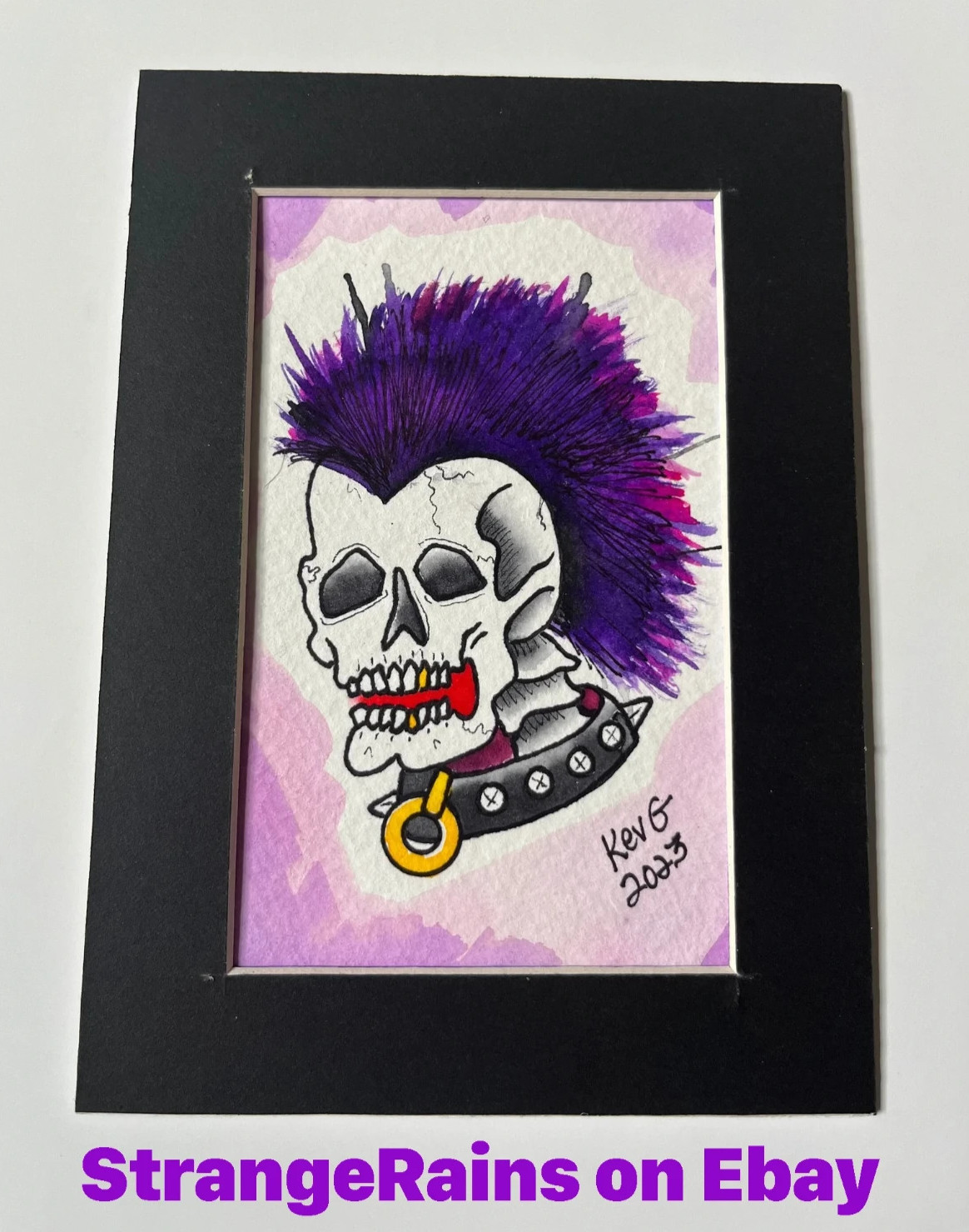 Original Watercolor Tattoo Flash Punk Rock Skull Painting Matted 5×7
