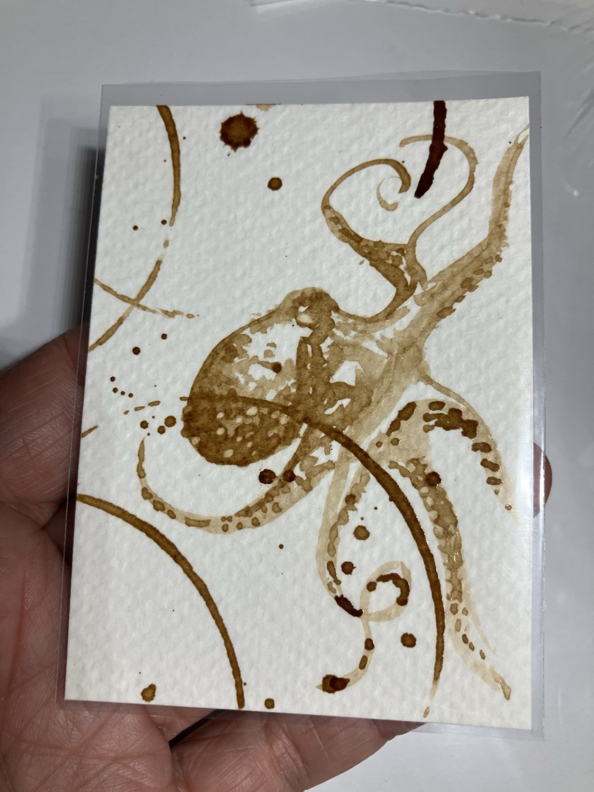 Original Coffee Octopus Painting Realism Ocean Miniature Lover ATC Art Gift USA