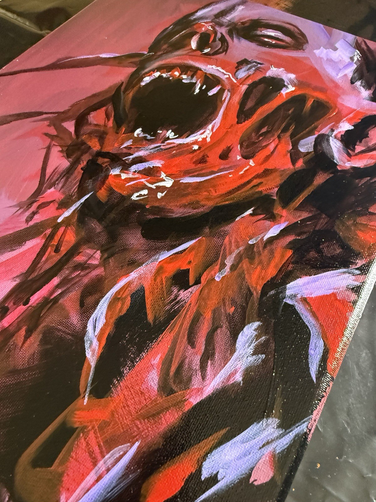 Abstract Monster Portrait Painting 11×14 Acrylic Canvas Pink Red Horror