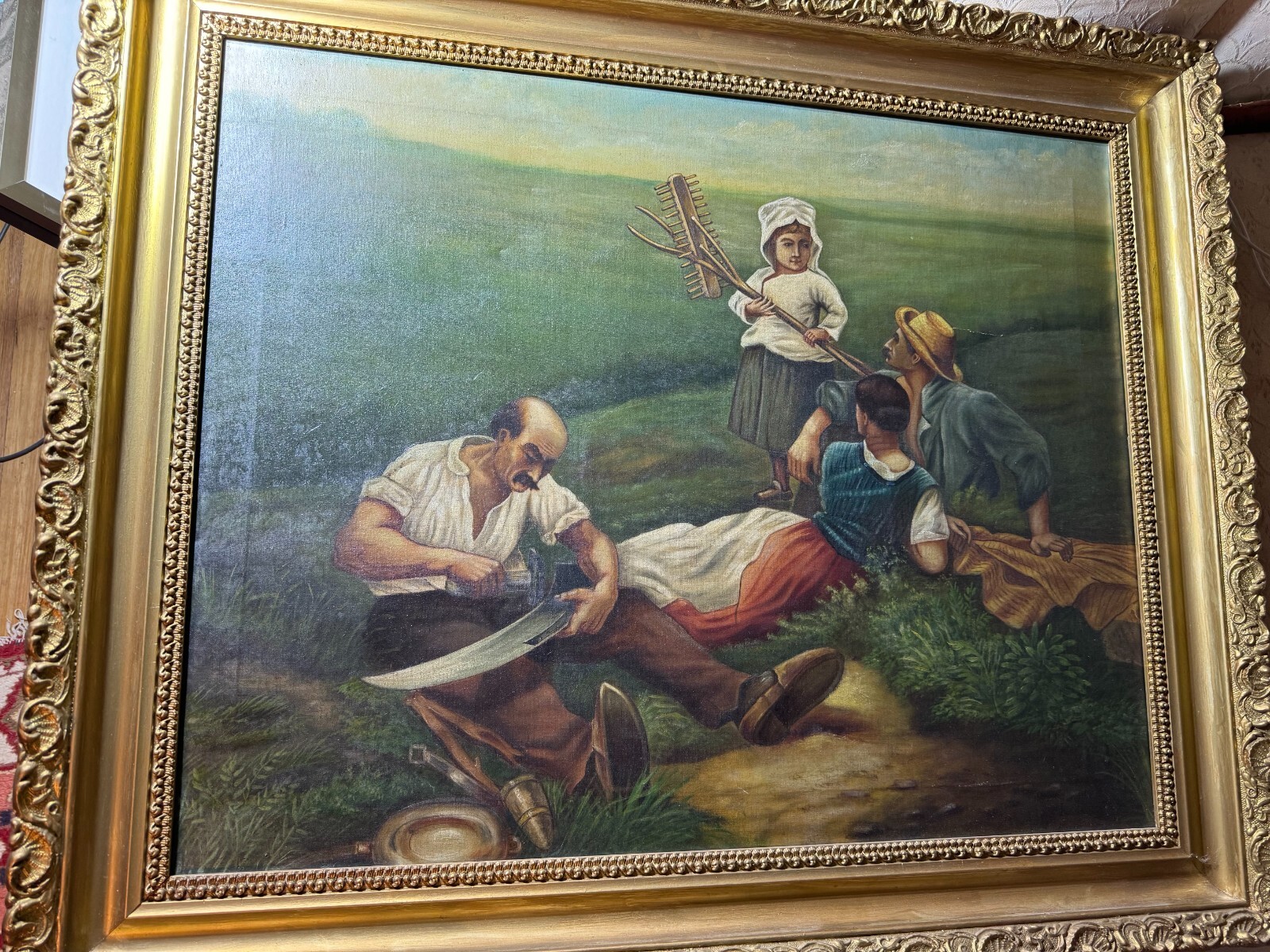 Large Antique European School «Worker Family In Field» Oil Painting – Framed