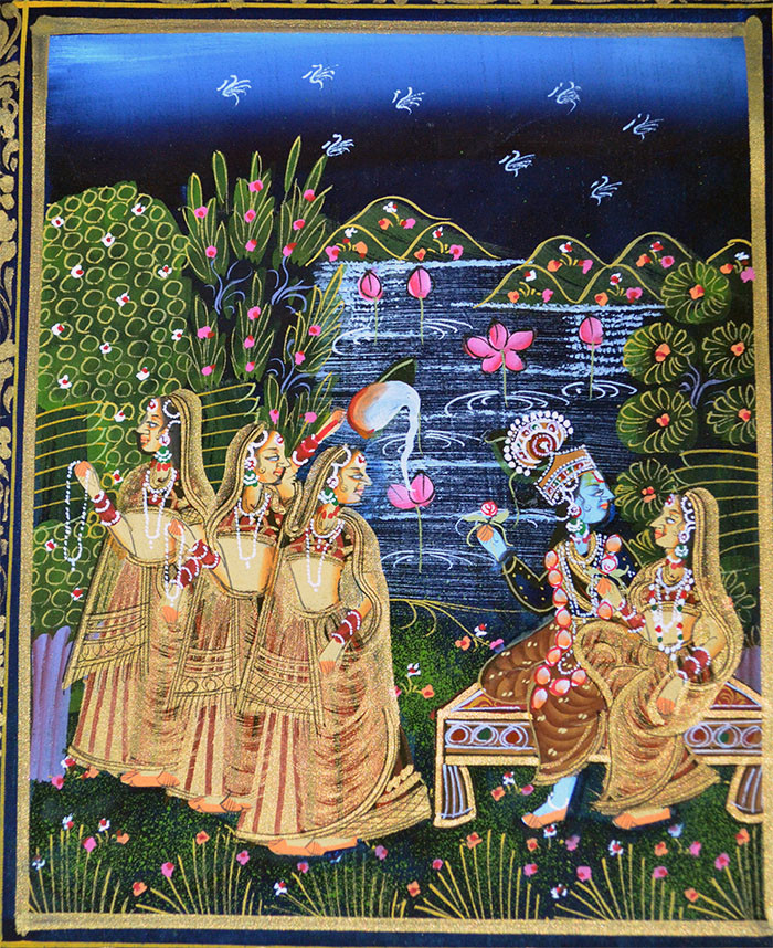 Radha Krishna Miniature Original Painting on Silk Cloth India Natural Colors!