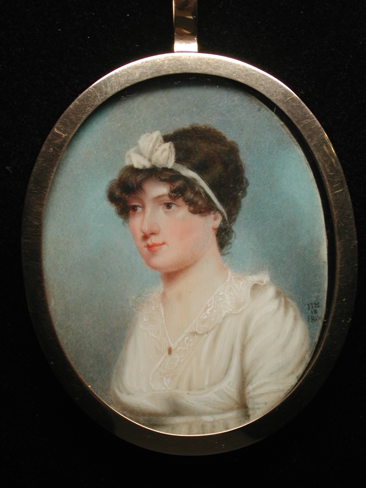 Portrait Miniature Of Lovely Woman With White Ribbon, Signed/dated Hervé 1801