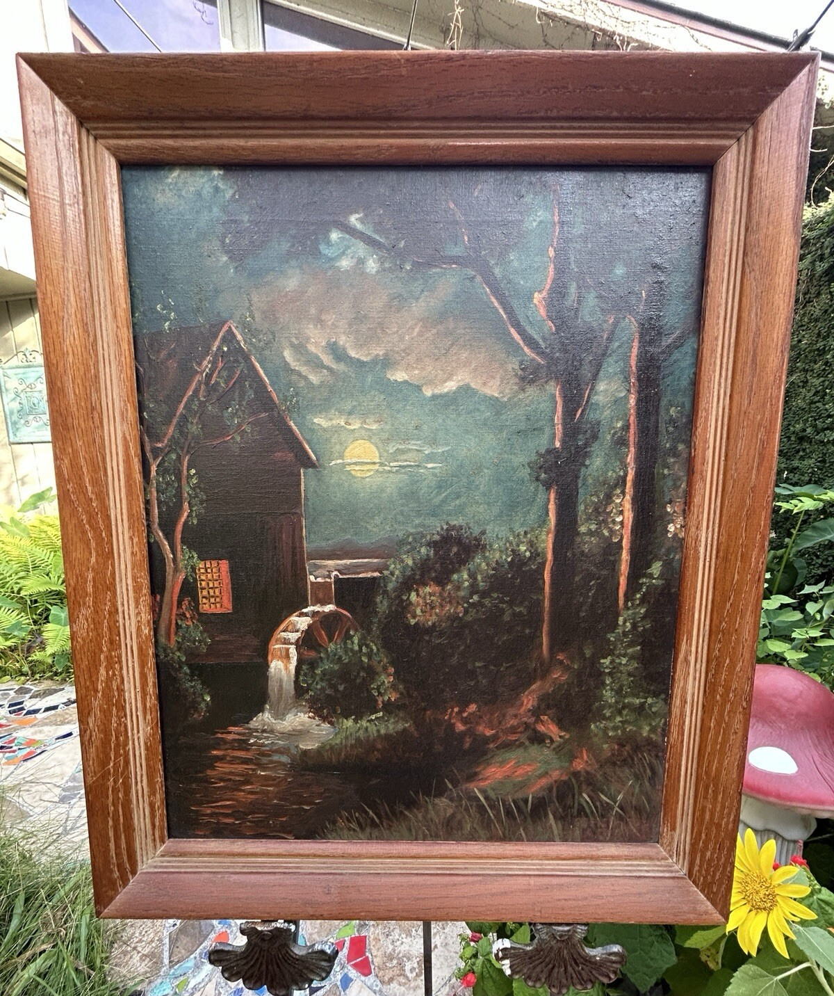 Gothic Vintage Oil on Canvas Haunted Mill by Moonlight 1929 Signed and Framed