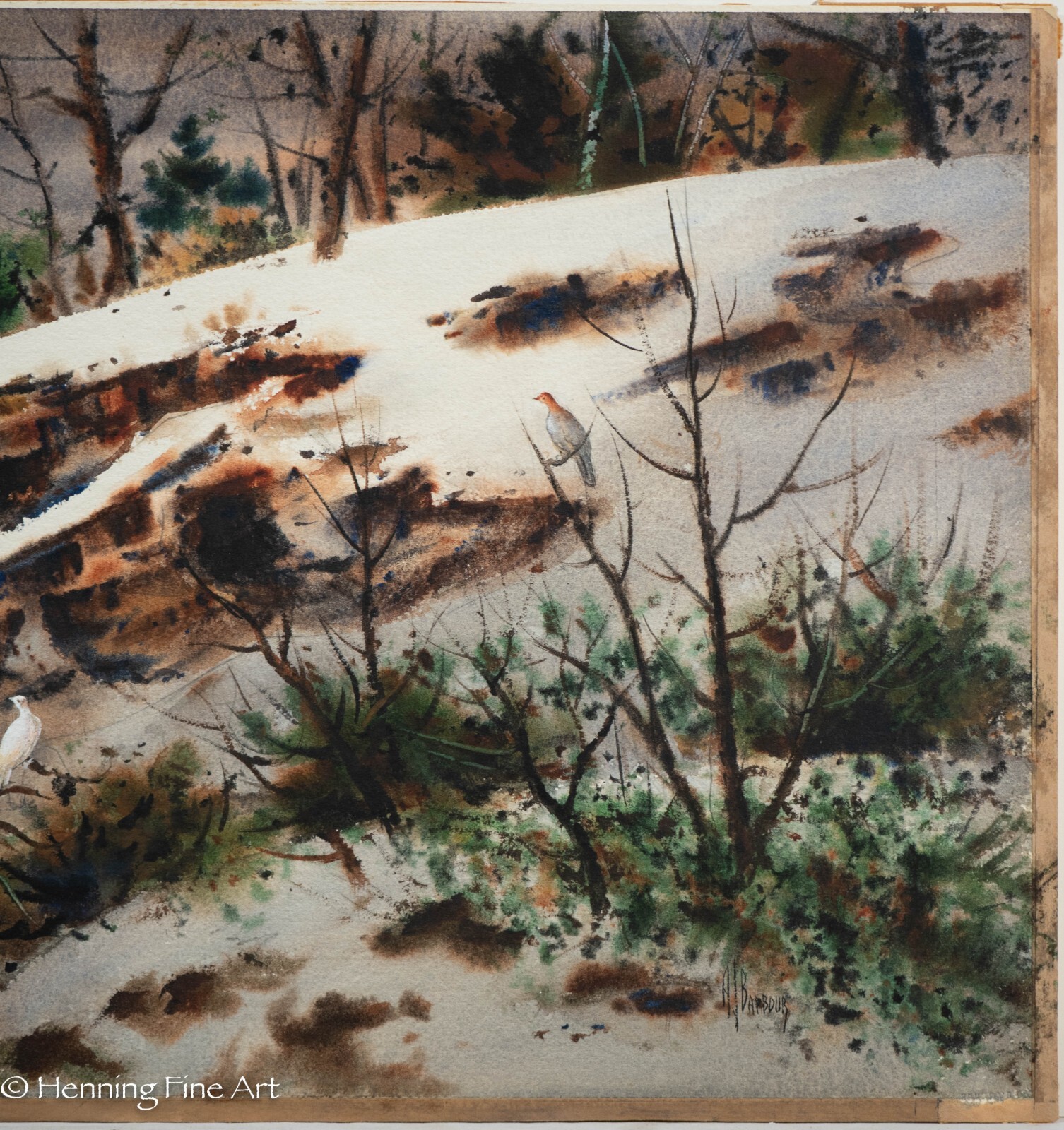 Beautiful Vintage Winter Snowscape at Sunset with Doves by Arthur Barbour, FINE!