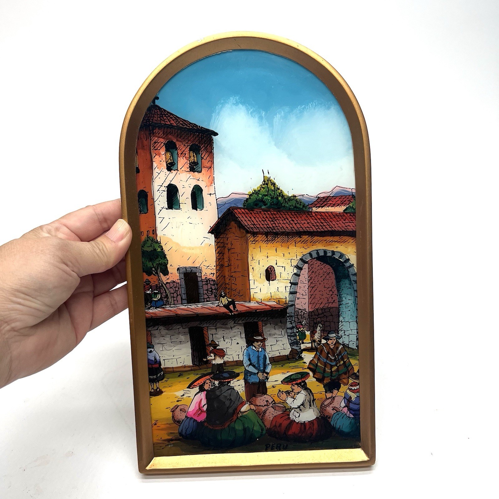 Vintage Folk Art Reverse Hand Painted Peruvian Village Scene Framed Wall Art
