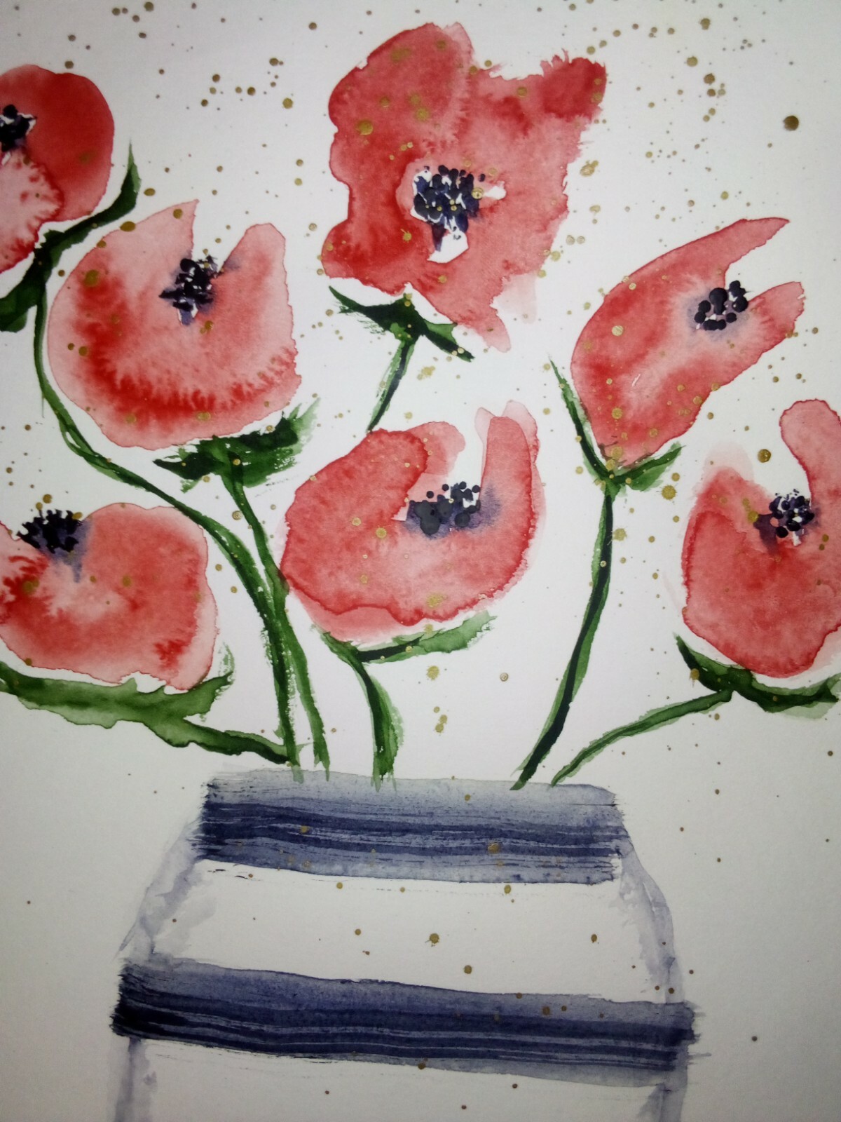 8×10 watercolor original painting botanical flower tulip floral poppy rose vase