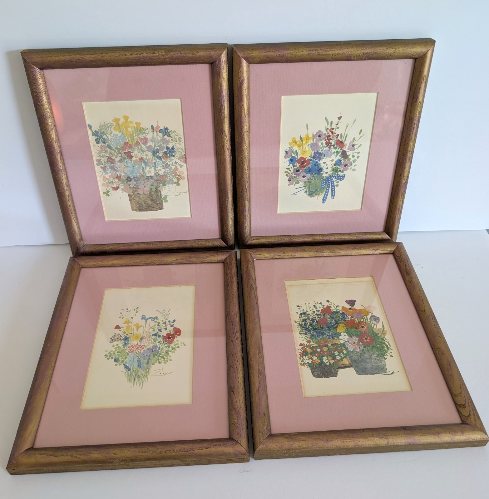 4 Lithograph Art Prints Eda Varricchio Flower Baskets Pink Framed Signed Set