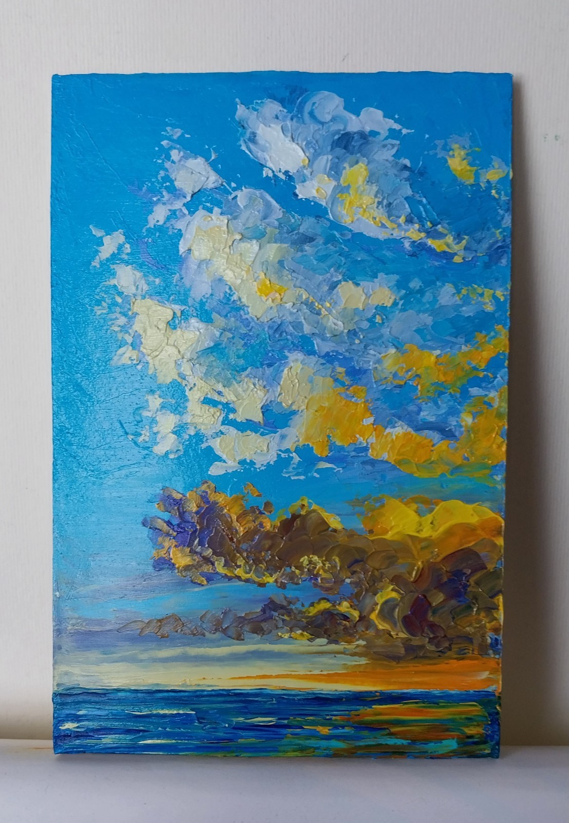Framed Sunset Seascape Clouds Over Sea 4×6″ Original Oil Painting Impasto Art