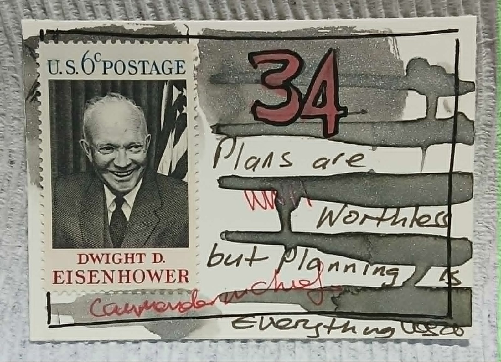 Postal Whimsy OOAK ACEO – 6¢ Eisenhower Stamp – Abstract Watercolor & Ink