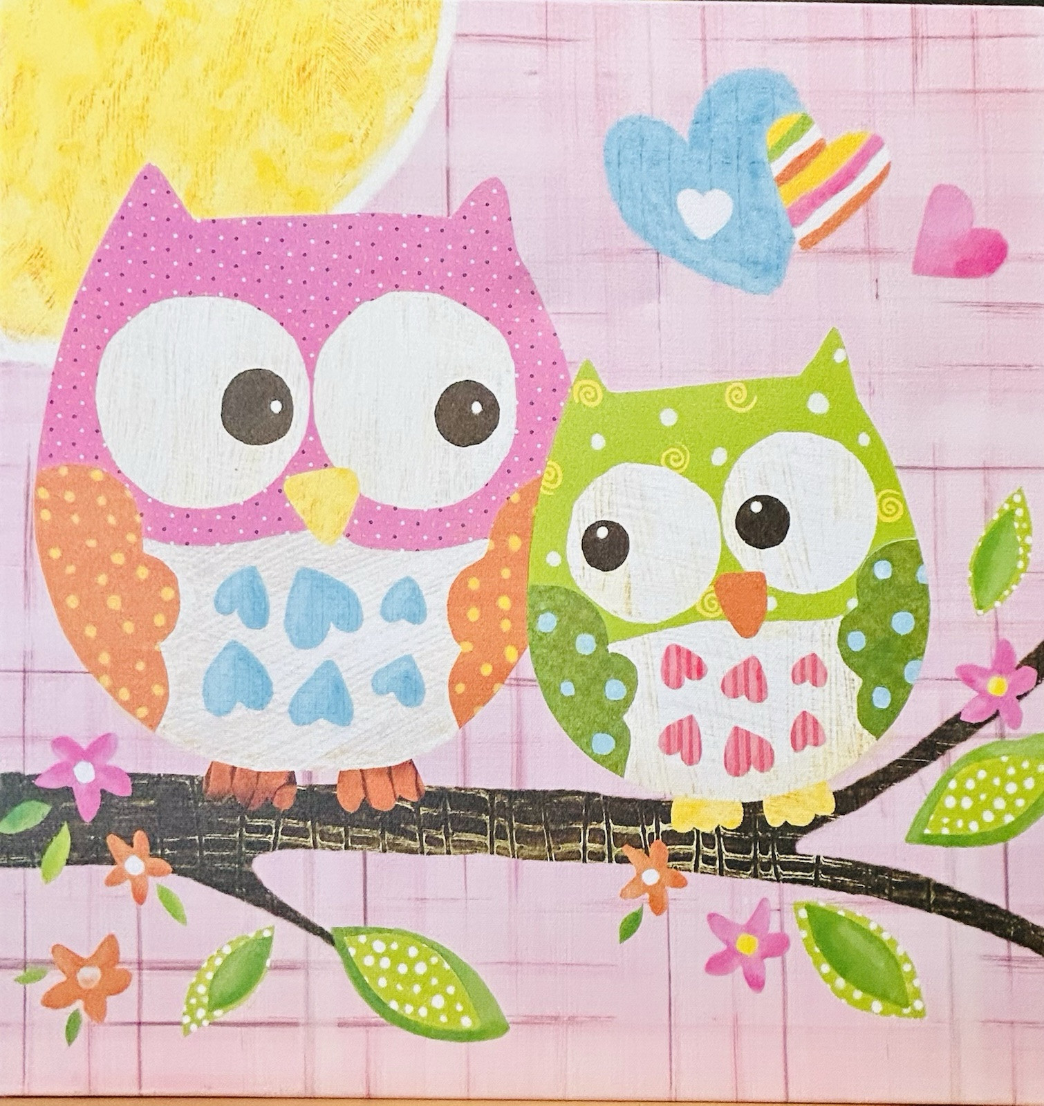 Acrylic Painting- Cute Spring Owls 23 in (W )X 23 in (H)