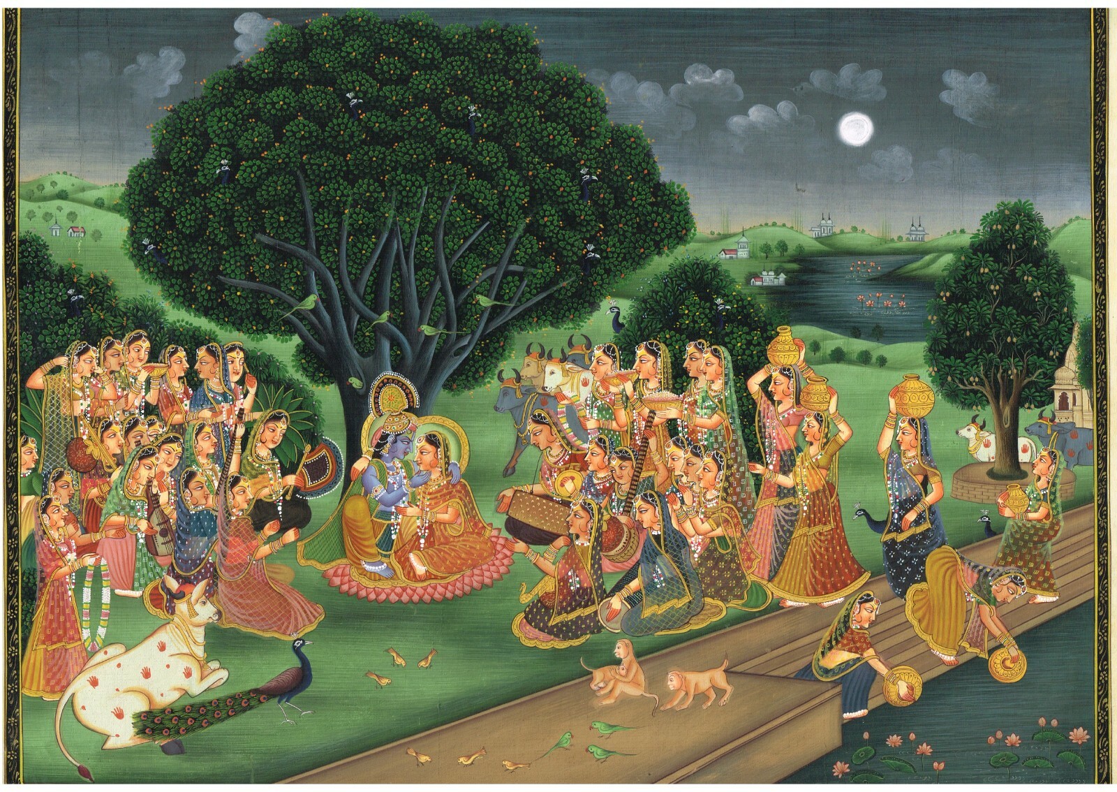 Radha Krishna Painting Of Hindu Religious Art On Silk Cloth 17.5×13.5 inches