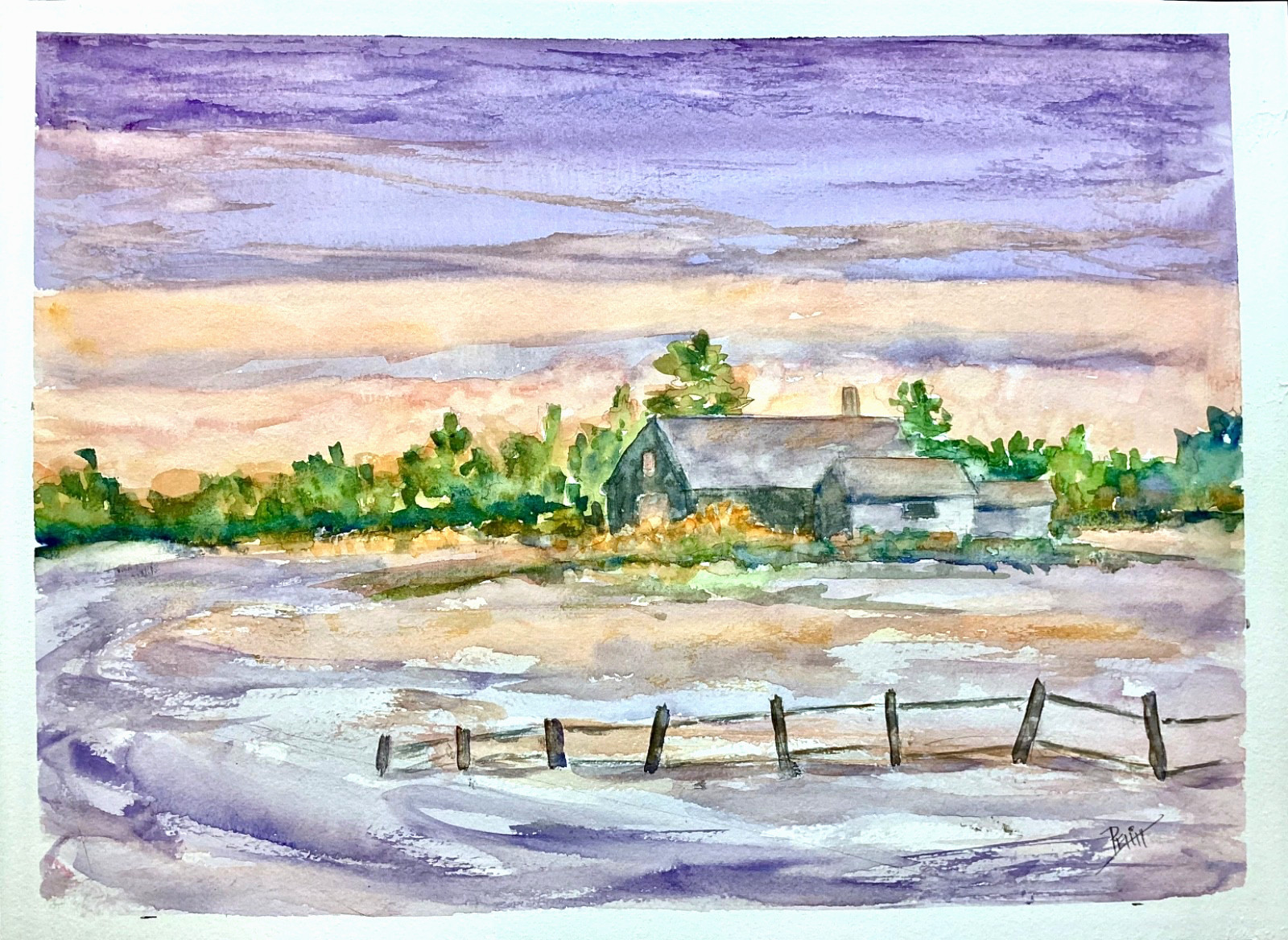 Serene Winter Landscape with Sunset, Snow, 11×15 Inches, Original Watercolor