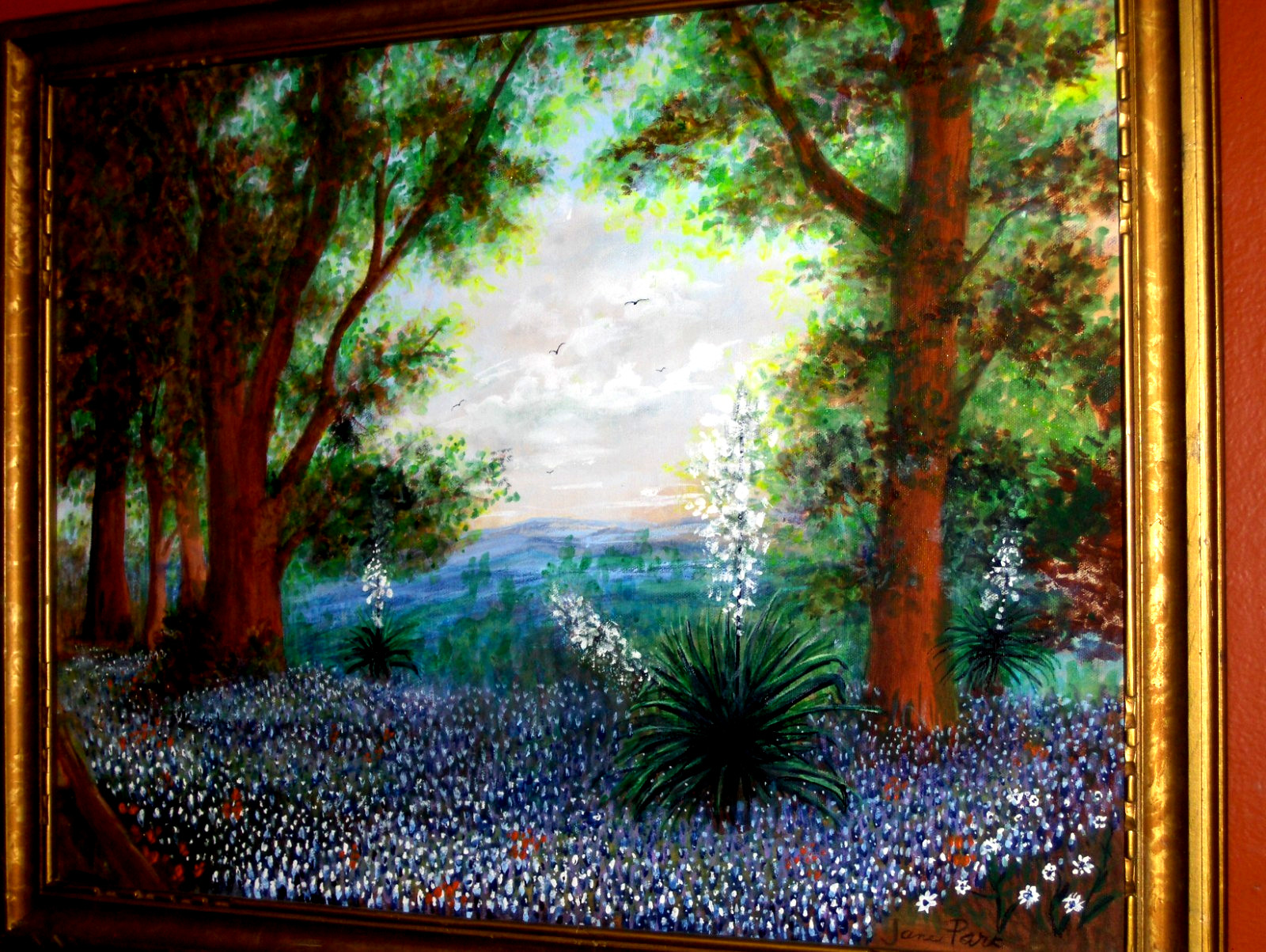 GORGEOUS Original Bluebonnet Landscape Bird Sky Blooming Yucca TX VINTAG Oil Art